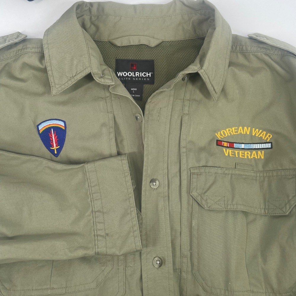 Woolrich Elite Utility Shirt Mens L Green Korean War‎ Veteran SHAEF Patches